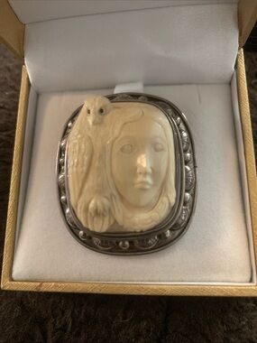 Vinrage Korite 925 Woman & Owl Mammoth Carved Brooch Pendant/ Brooch
